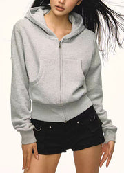 Women Grey Zip Up Pockets Casual Cotton Hoodies Outwear Fall