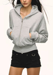 Women Grey Zip Up Pockets Casual Cotton Hoodies Outwear Fall