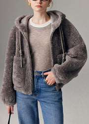 Women Grey Zippered Drawstring Faux Fur Hooded Coat Lantern Sleeve