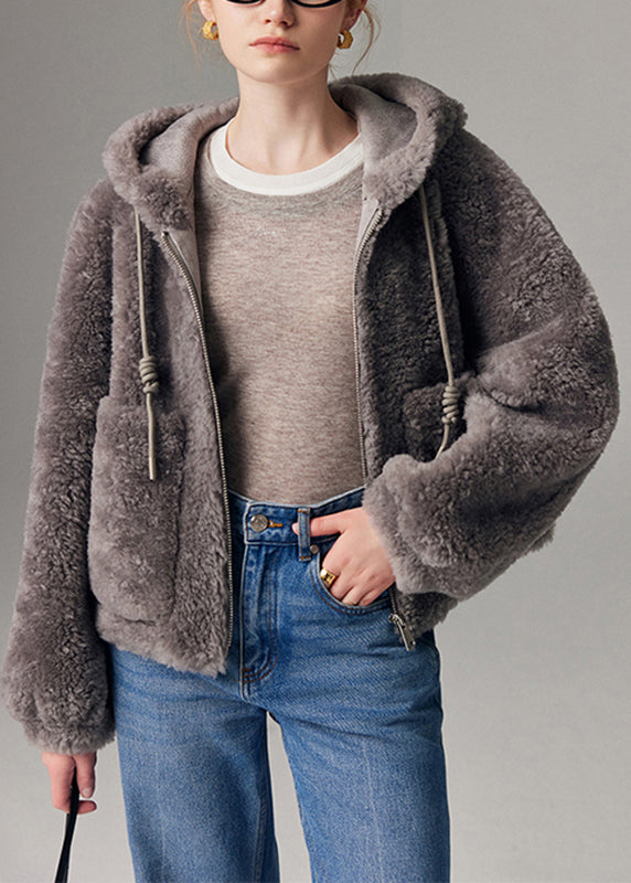 Women Grey Zippered Drawstring Faux Fur Hooded Coat Lantern Sleeve