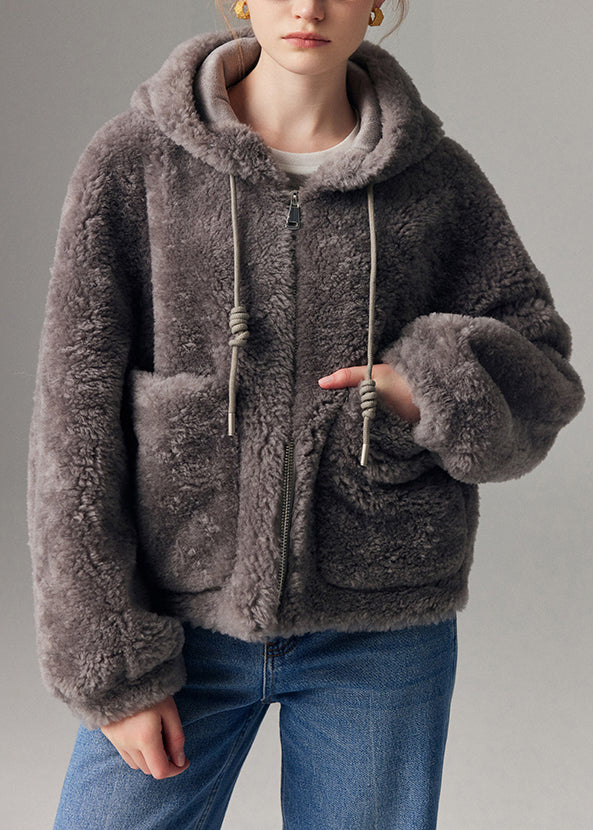 Women Grey Zippered Drawstring Faux Fur Hooded Coat Lantern Sleeve