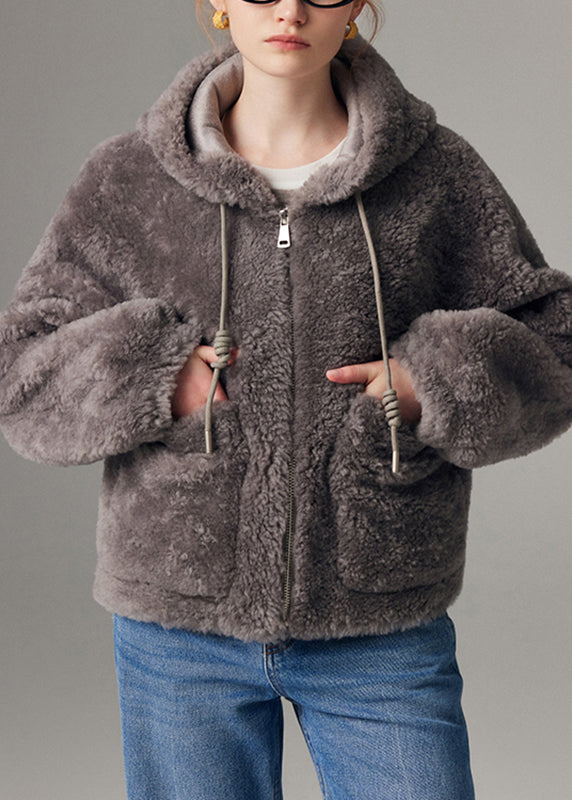 Women Grey Zippered Drawstring Faux Fur Hooded Coat Lantern Sleeve