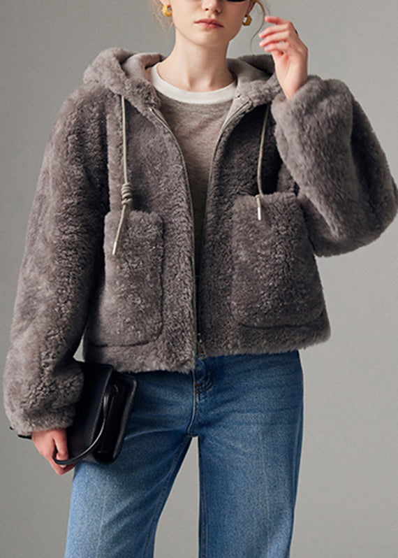 Women Grey Zippered Drawstring Faux Fur Hooded Coat Lantern Sleeve