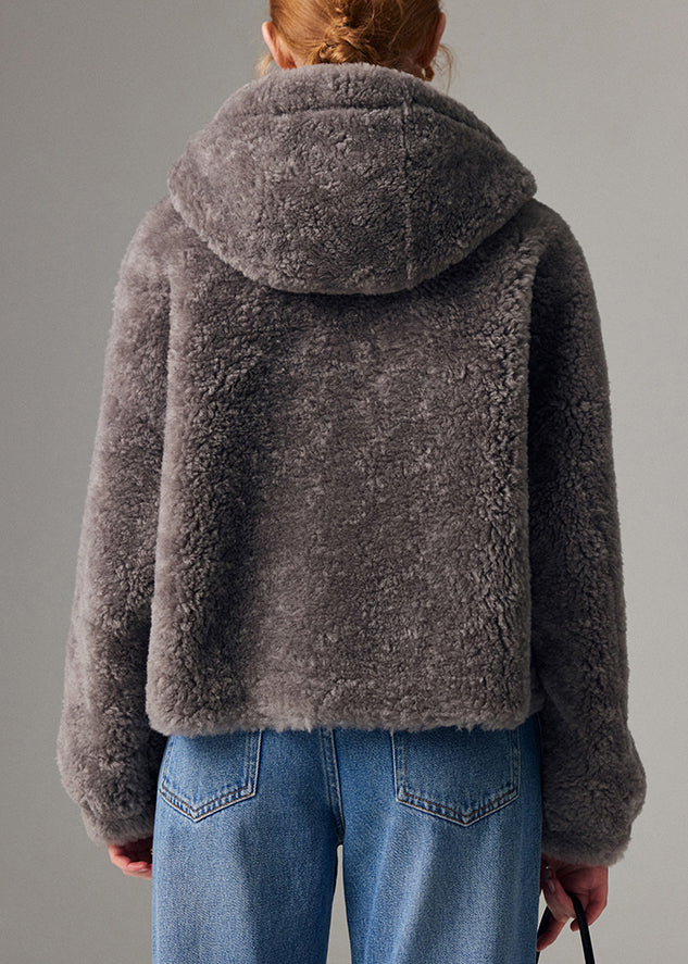 Women Grey Zippered Drawstring Faux Fur Hooded Coat Lantern Sleeve