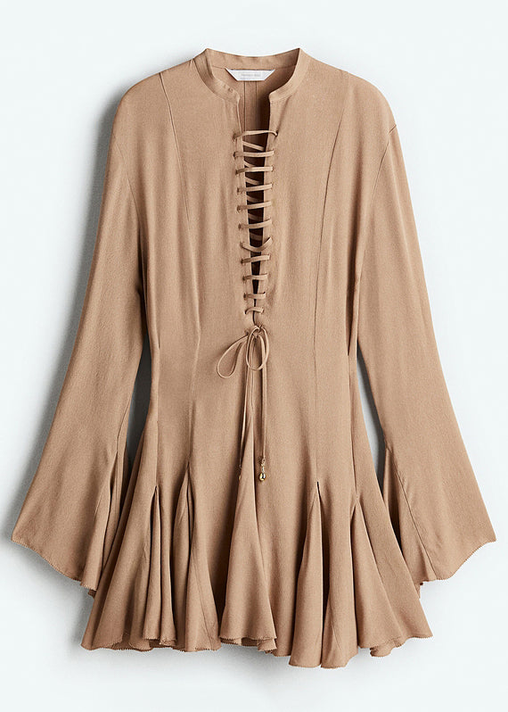 Women Khaki Lace Up Solid Cotton Mini Dress Flare Sleeve