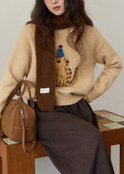 Women Khaki O Neck Animal Knit Sweater Winter