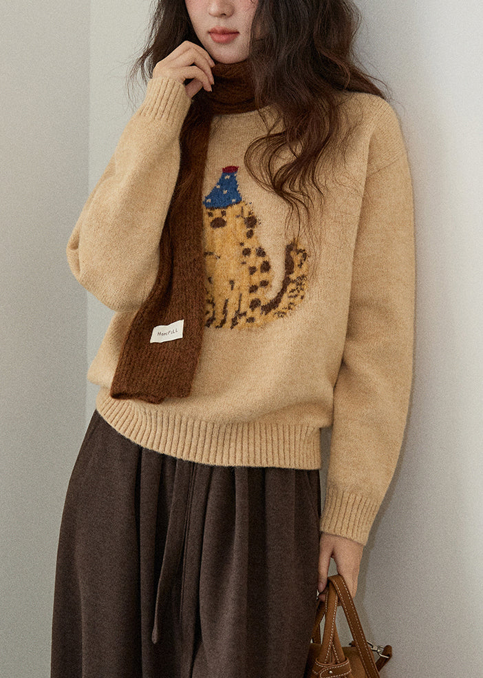 Women Khaki O Neck Animal Knit Sweater Winter