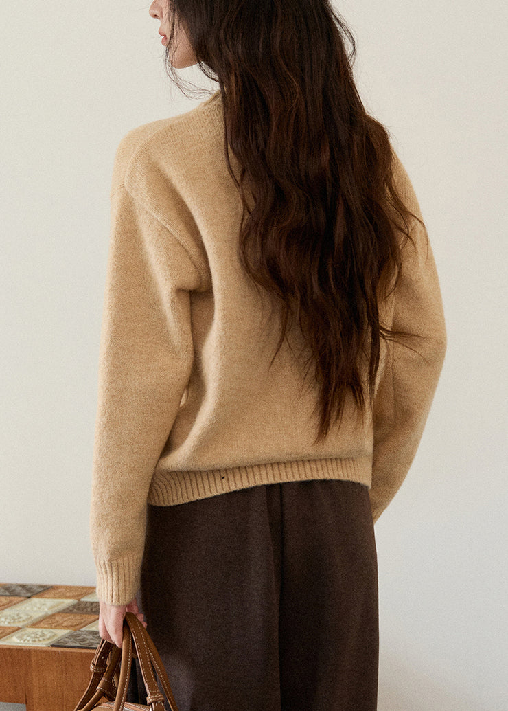 Women Khaki O Neck Animal Knit Sweater Winter