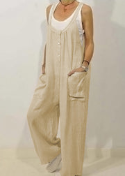 Women Khaki O-Neck Button Solid Jumpsuits Sleeveless