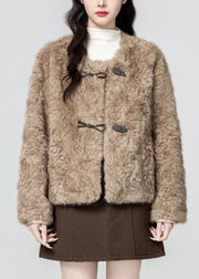 Women Khaki O Neck Button Teddy Faux Fur Coat Winter
