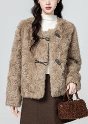 Women Khaki O Neck Button Teddy Faux Fur Coat Winter