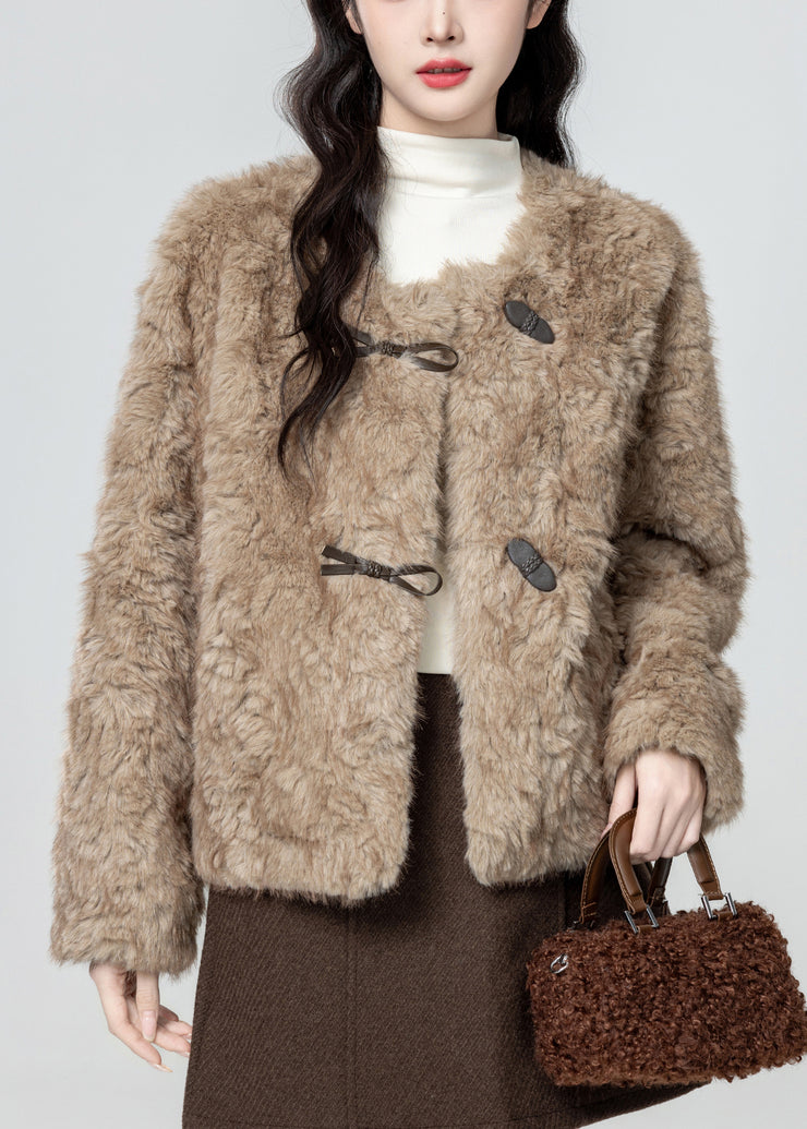 Women Khaki O Neck Button Teddy Faux Fur Coat Winter