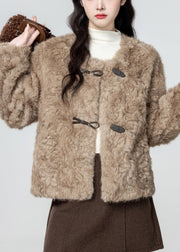 Women Khaki O Neck Button Teddy Faux Fur Coat Winter