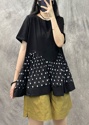 Women Khaki O Neck Dot Patchwork Cotton T Shirts Top Summer