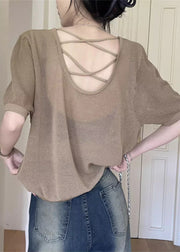 Women Khaki O Neck Hollow Out Knit T Shirt Summer