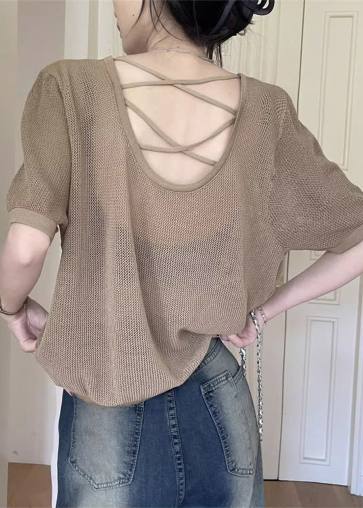 Women Khaki O Neck Hollow Out Knit T Shirt Summer