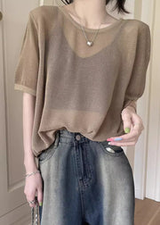 Women Khaki O Neck Hollow Out Knit T Shirt Summer