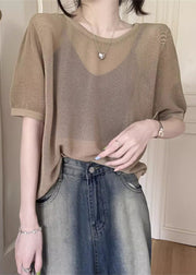 Women Khaki O Neck Hollow Out Knit T Shirt Summer