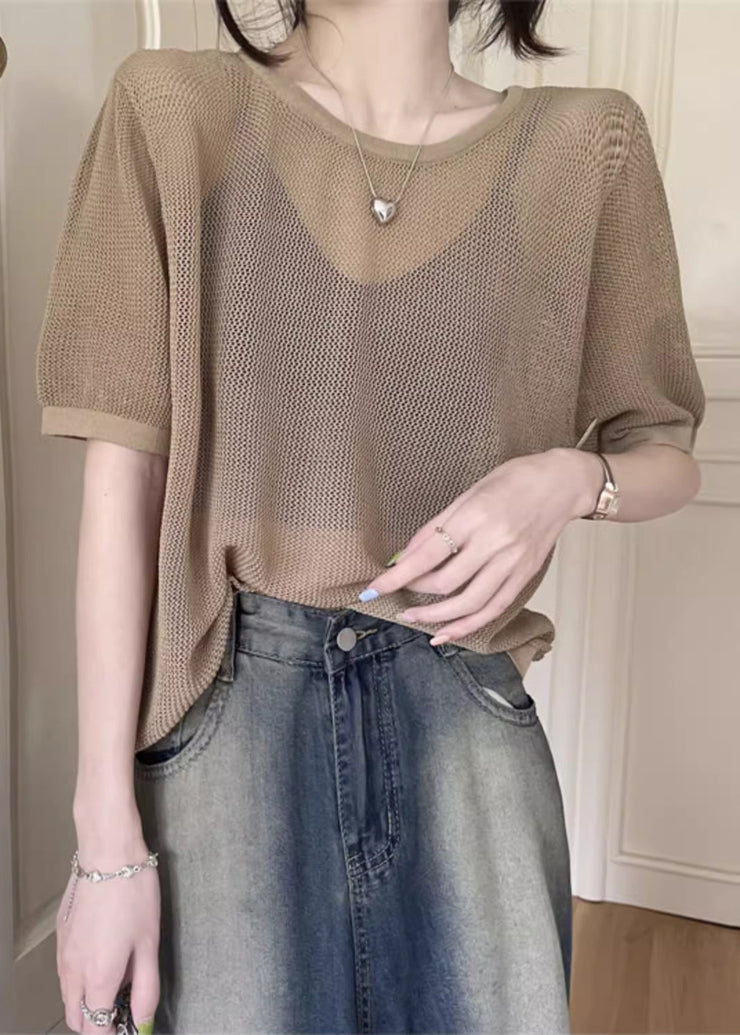 Women Khaki O Neck Hollow Out Knit T Shirt Summer