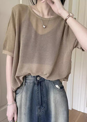Women Khaki O Neck Hollow Out Knit T Shirt Summer