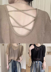 Women Khaki O Neck Hollow Out Knit T Shirt Summer