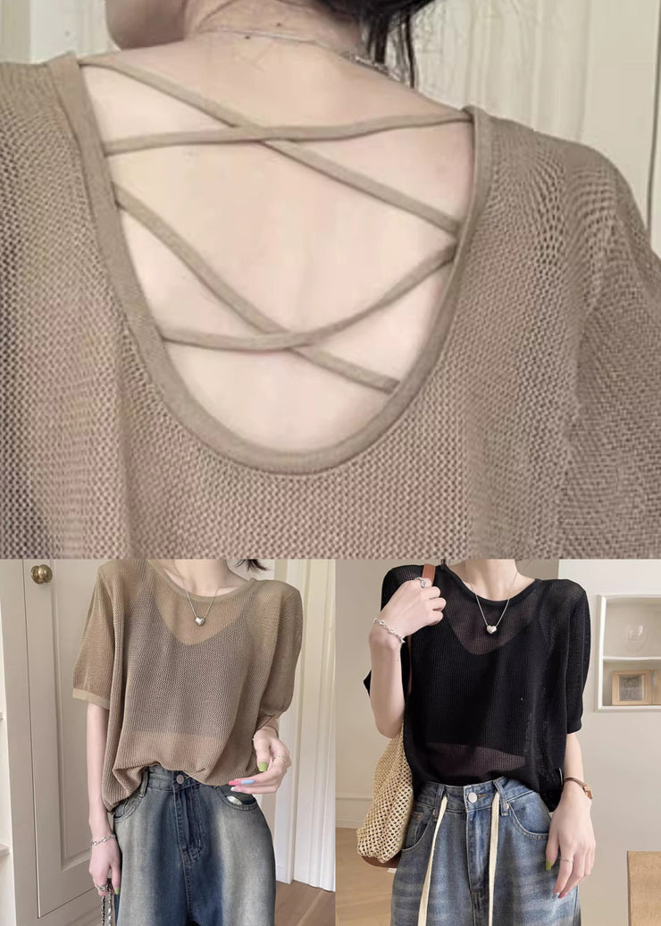 Women Khaki O Neck Hollow Out Knit T Shirt Summer