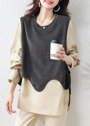 Women Khaki Oversized Patchwork Cotton Fake Two Piece Tops Fall