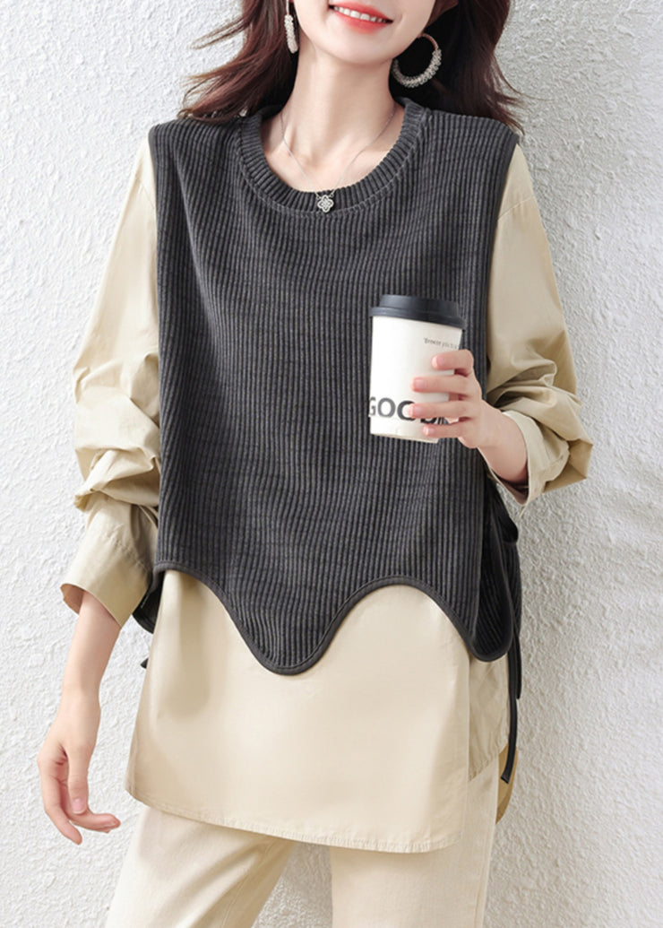 Women Khaki Oversized Patchwork Cotton Fake Two Piece Tops Fall