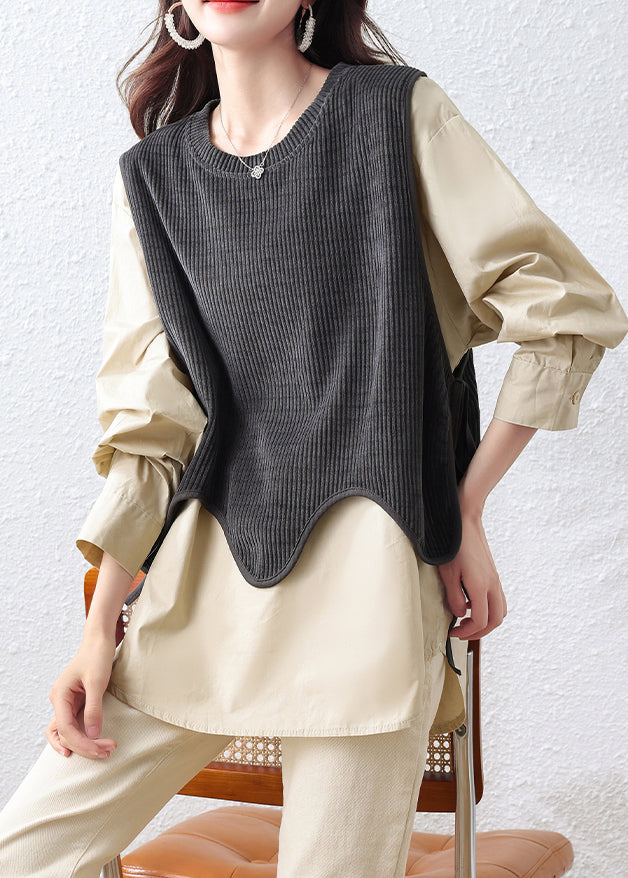 Women Khaki Oversized Patchwork Cotton Fake Two Piece Tops Fall