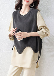 Women Khaki Oversized Patchwork Cotton Fake Two Piece Tops Fall