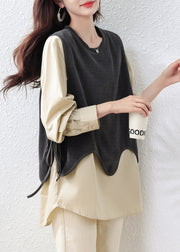 Women Khaki Oversized Patchwork Cotton Fake Two Piece Tops Fall
