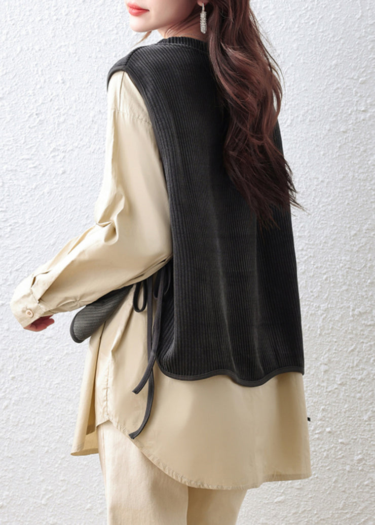 Women Khaki Oversized Patchwork Cotton Fake Two Piece Tops Fall