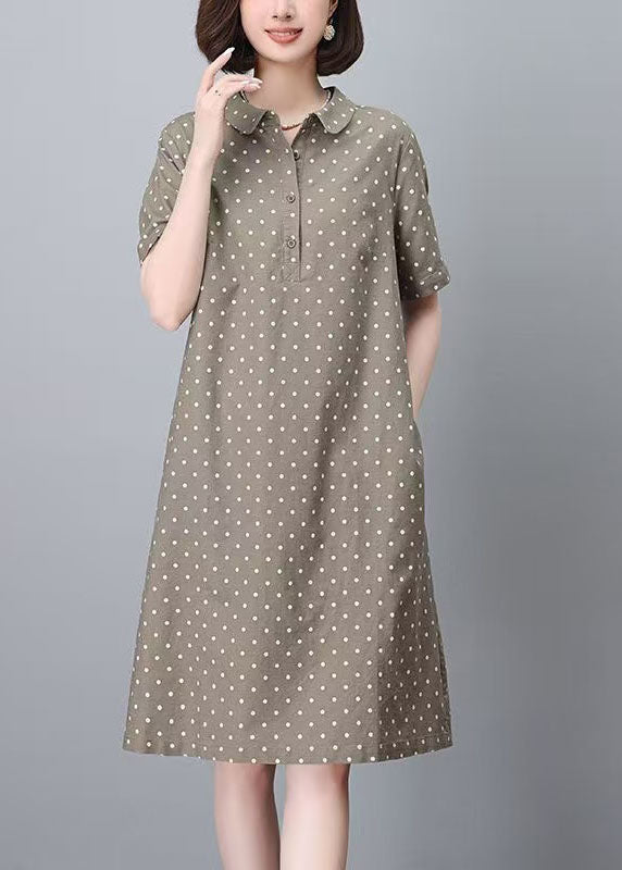 Women Khaki Peter Pan Collar Dot Print Work Dress Summer