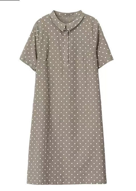 Women Khaki Peter Pan Collar Dot Print Work Dress Summer