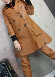 Women Khaki Peter Pan Collar Pockets Patchwork Faux Leather Trench Fall