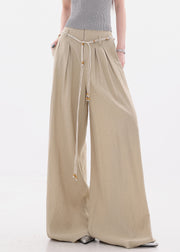 Women Khaki Pockets Tie Waist High Waist Cotton Wide Leg Pants Fall