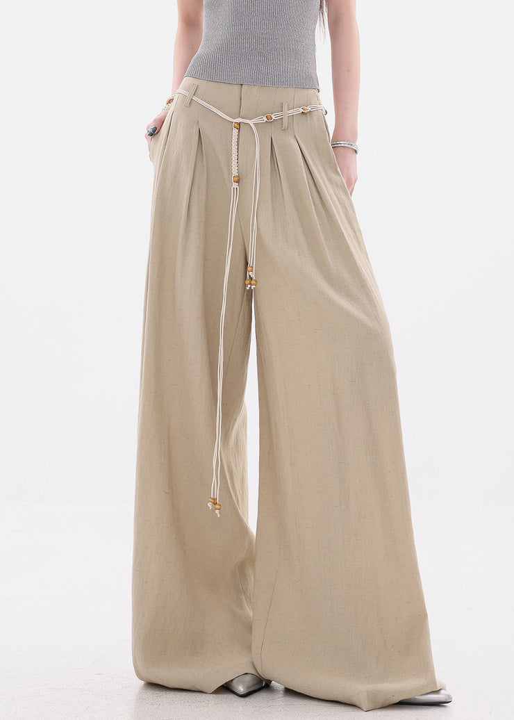 Women Khaki Pockets Tie Waist High Waist Cotton Wide Leg Pants Fall