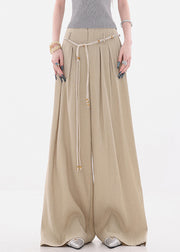 Women Khaki Pockets Tie Waist High Waist Cotton Wide Leg Pants Fall