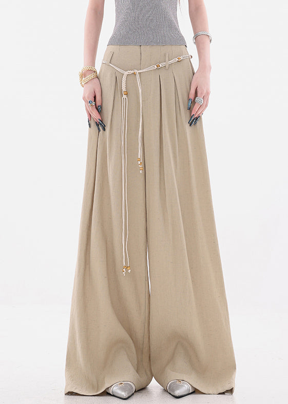 Women Khaki Pockets Tie Waist High Waist Cotton Wide Leg Pants Fall