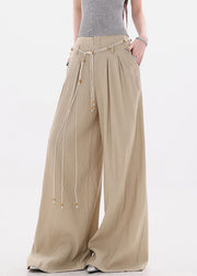 Women Khaki Pockets Tie Waist High Waist Cotton Wide Leg Pants Fall