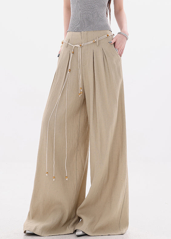 Women Khaki Pockets Tie Waist High Waist Cotton Wide Leg Pants Fall