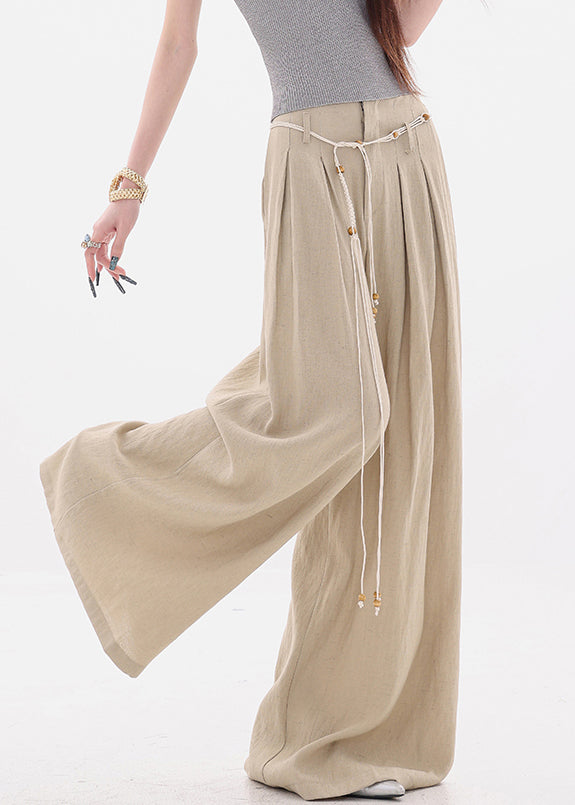 Women Khaki Pockets Tie Waist High Waist Cotton Wide Leg Pants Fall