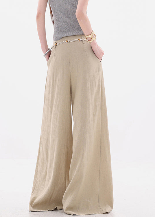 Women Khaki Pockets Tie Waist High Waist Cotton Wide Leg Pants Fall