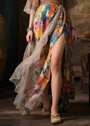 Women Khaki Print Exra Large Hem Chiffon Long Dresses Summer