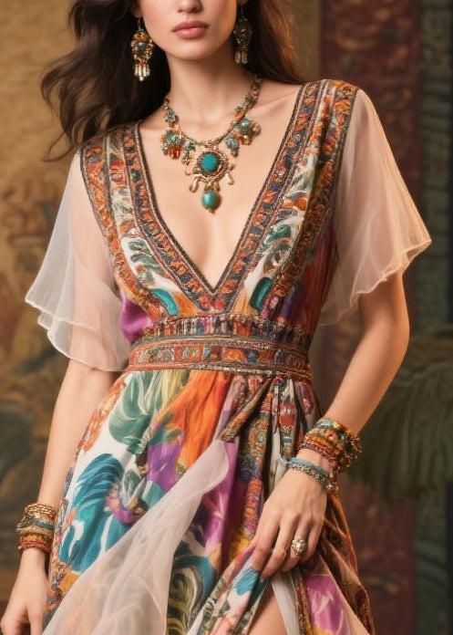 Women Khaki Print Patchwork Side Open Chiffon Evening Dress Summer