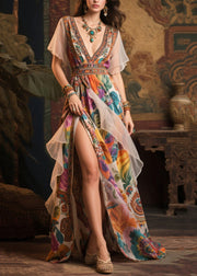 Women Khaki Print Patchwork Side Open Chiffon Evening Dress Summer