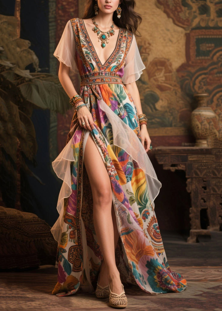 Women Khaki Print Patchwork Side Open Chiffon Evening Dress Summer