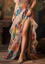 Women Khaki Print Patchwork Side Open Chiffon Evening Dress Summer