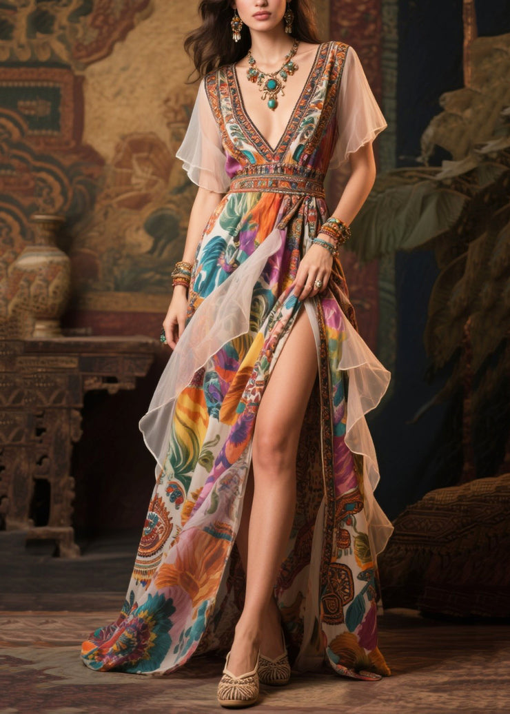 Women Khaki Print Patchwork Side Open Chiffon Evening Dress Summer