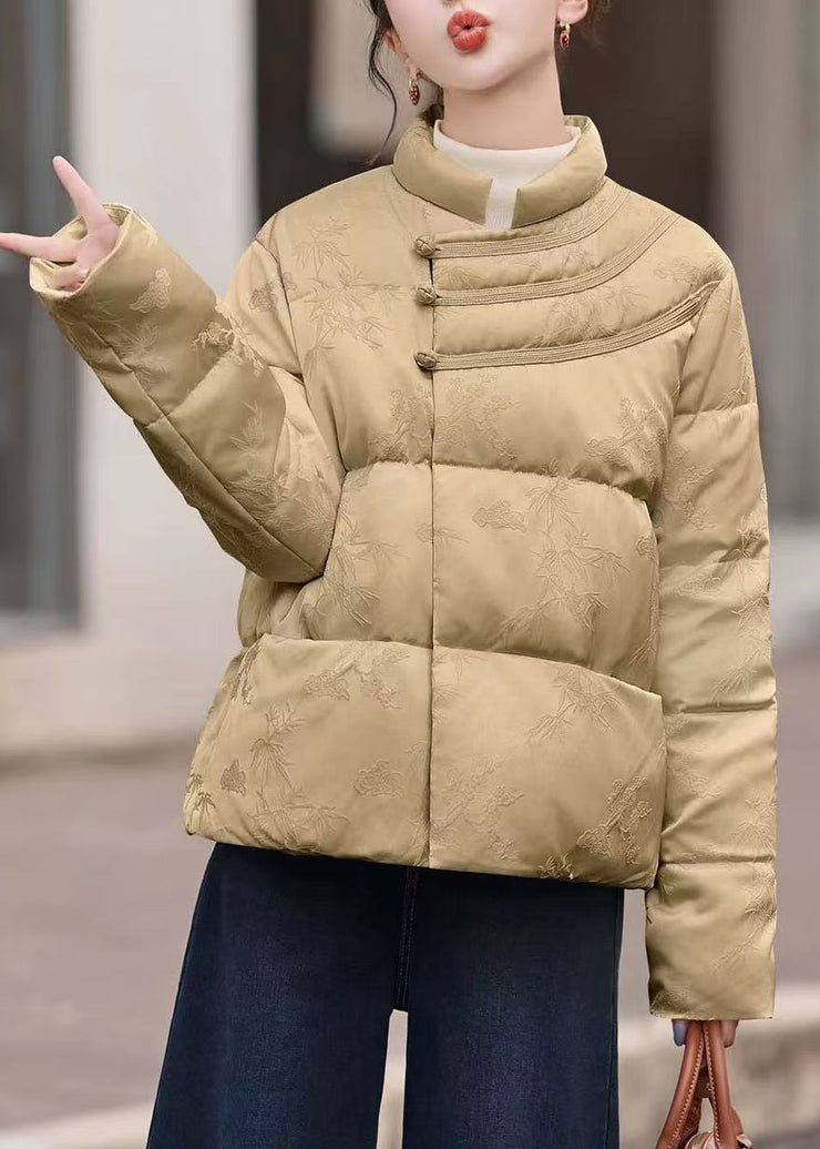 Women Khaki Stand Collar Chinese Button Duck Down Puffer Coat Winter